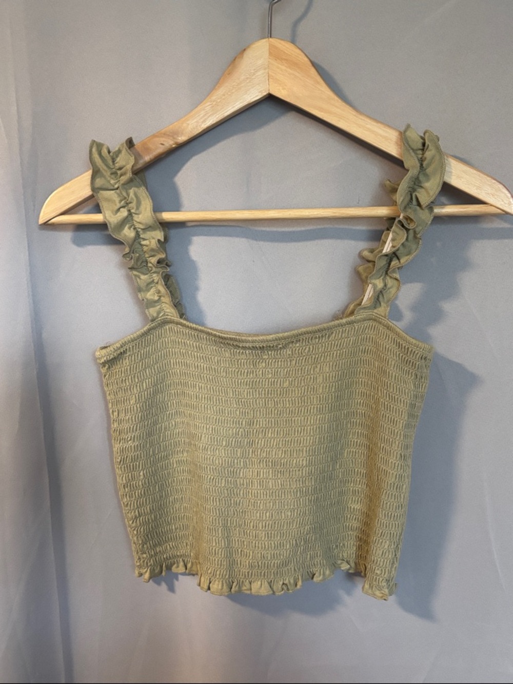 Forever 21 Smocked Cropped Tank with Ruffle Sleeves in Olive Green- size Medium